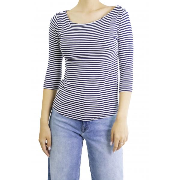 maglia a righe con manica 3/4 scollo a barca 